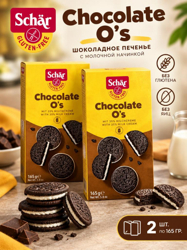 Chocolate Os Шоколадное печенье без глютена, Schär 2 уп х 165 г