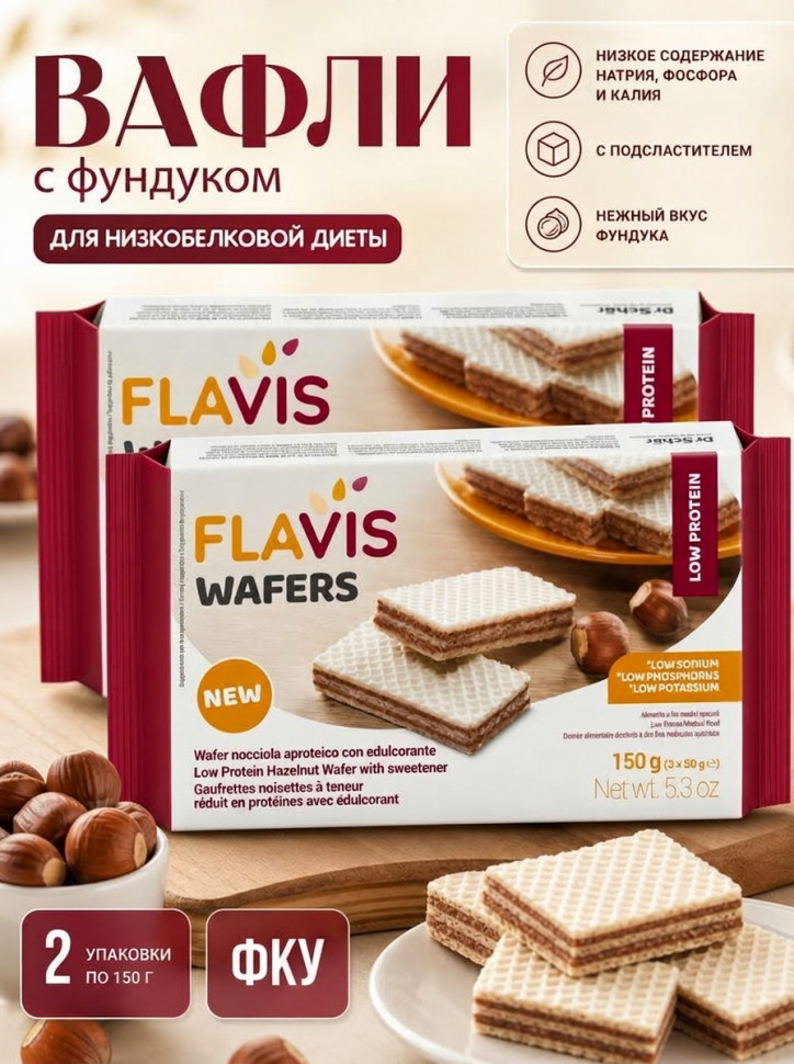 Вафли с фундуком с низким содержанием белка с подсластителем (Wafers) 2 уп х 150 гр. т.м FLAVIS